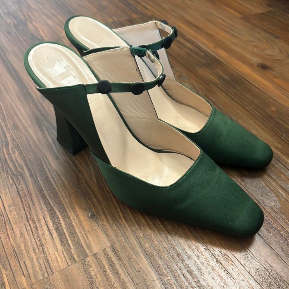 Staud Green Satin Block Heel Pumps Size 10